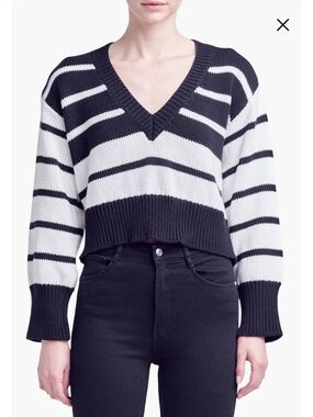 English Factory Black and White Striped V-Neck Cotton Cropped Sweater
